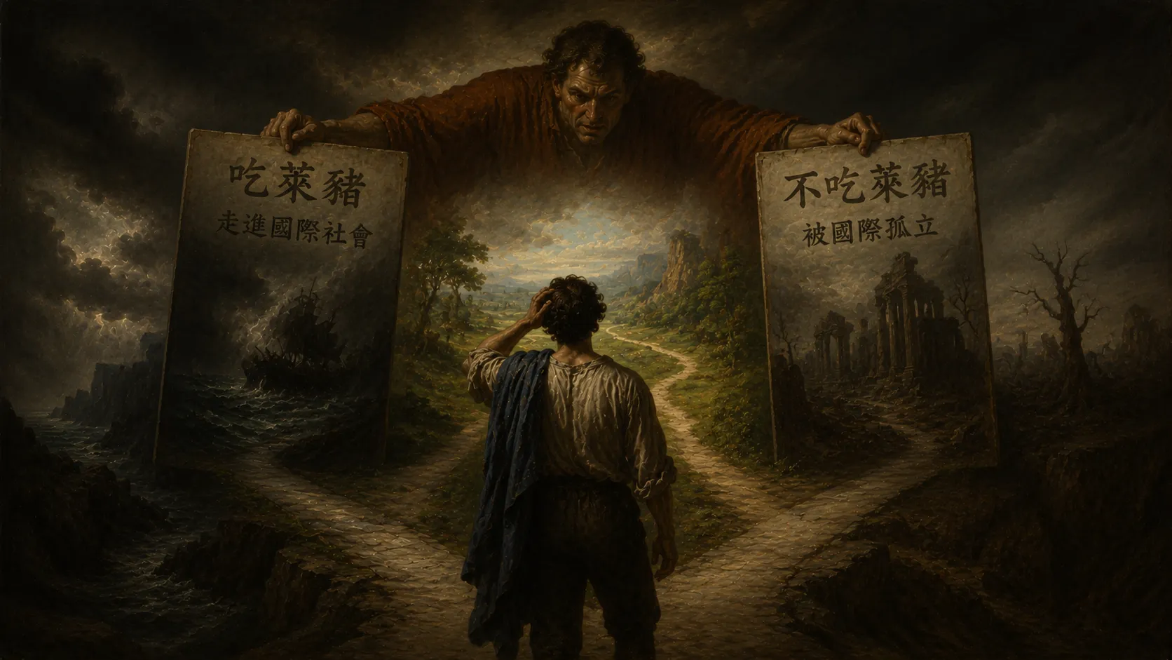 一個人站在岔路口,頭頂兩塊看板逼他二選一:吃萊豬走進國際社會,或不吃萊豬被國際孤立
