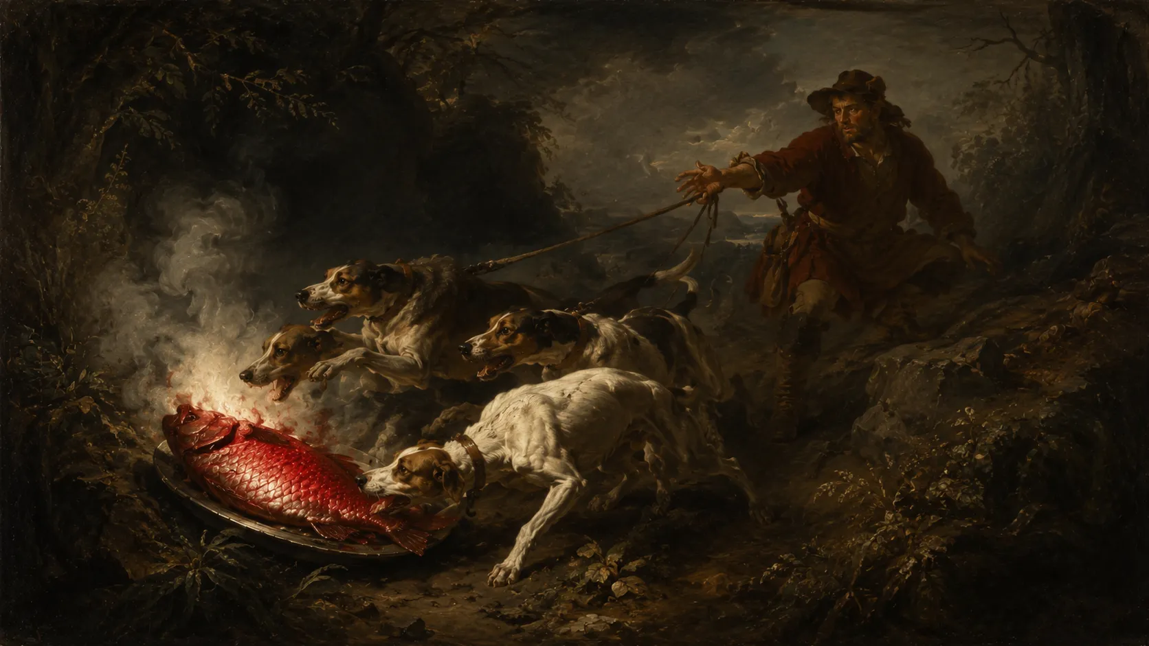 獵人手上的獵犬群,全被地上一條冒煙的紅魚引開,忘了原本在追的獵物